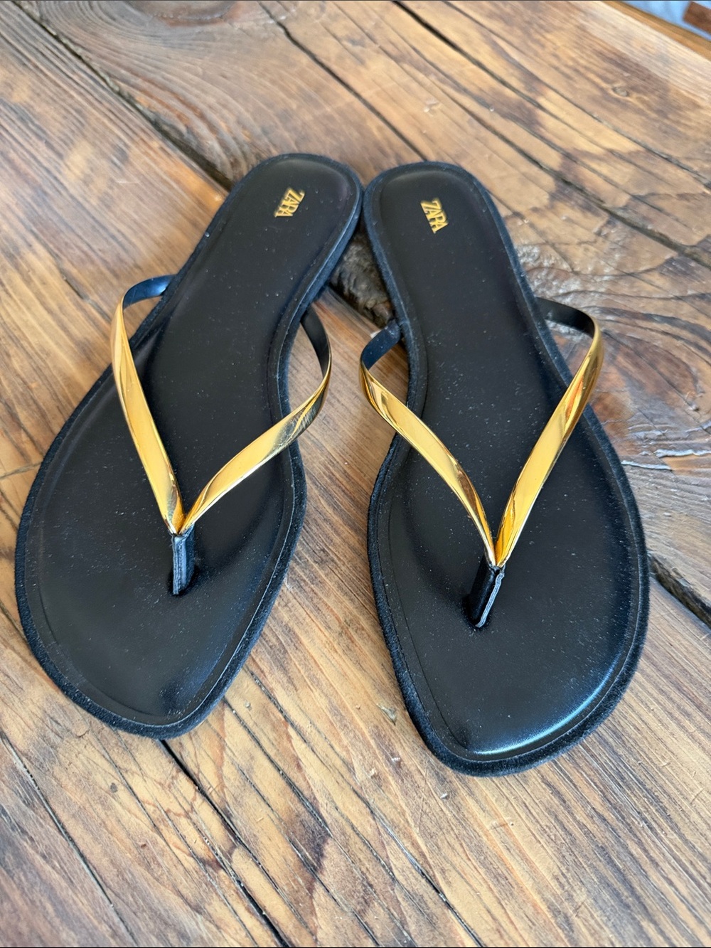 ZARA Black Sandals with Gold Metallic Straps